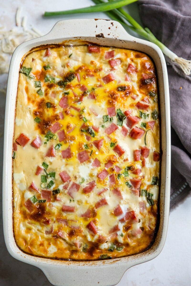 Overhead shot of Farmer's Casserole in a white casserole dish