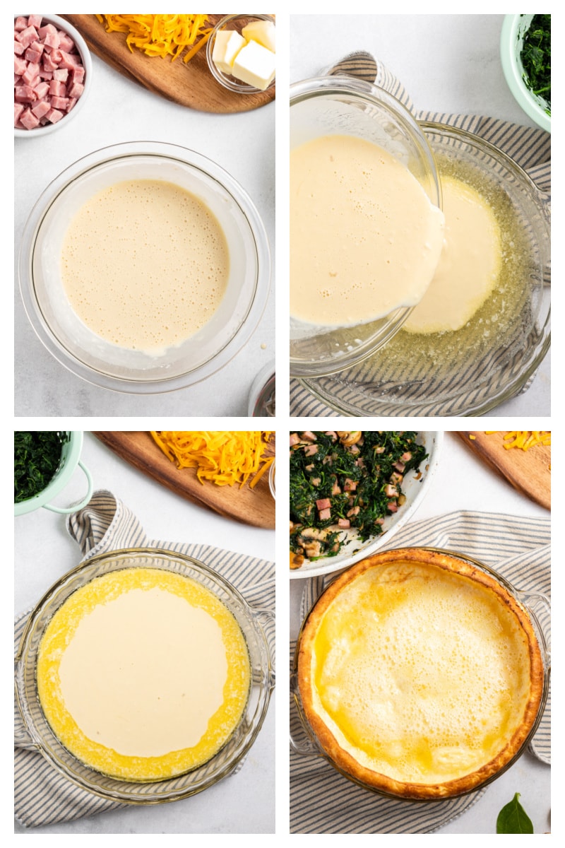four photos showing how to make a puff pancake