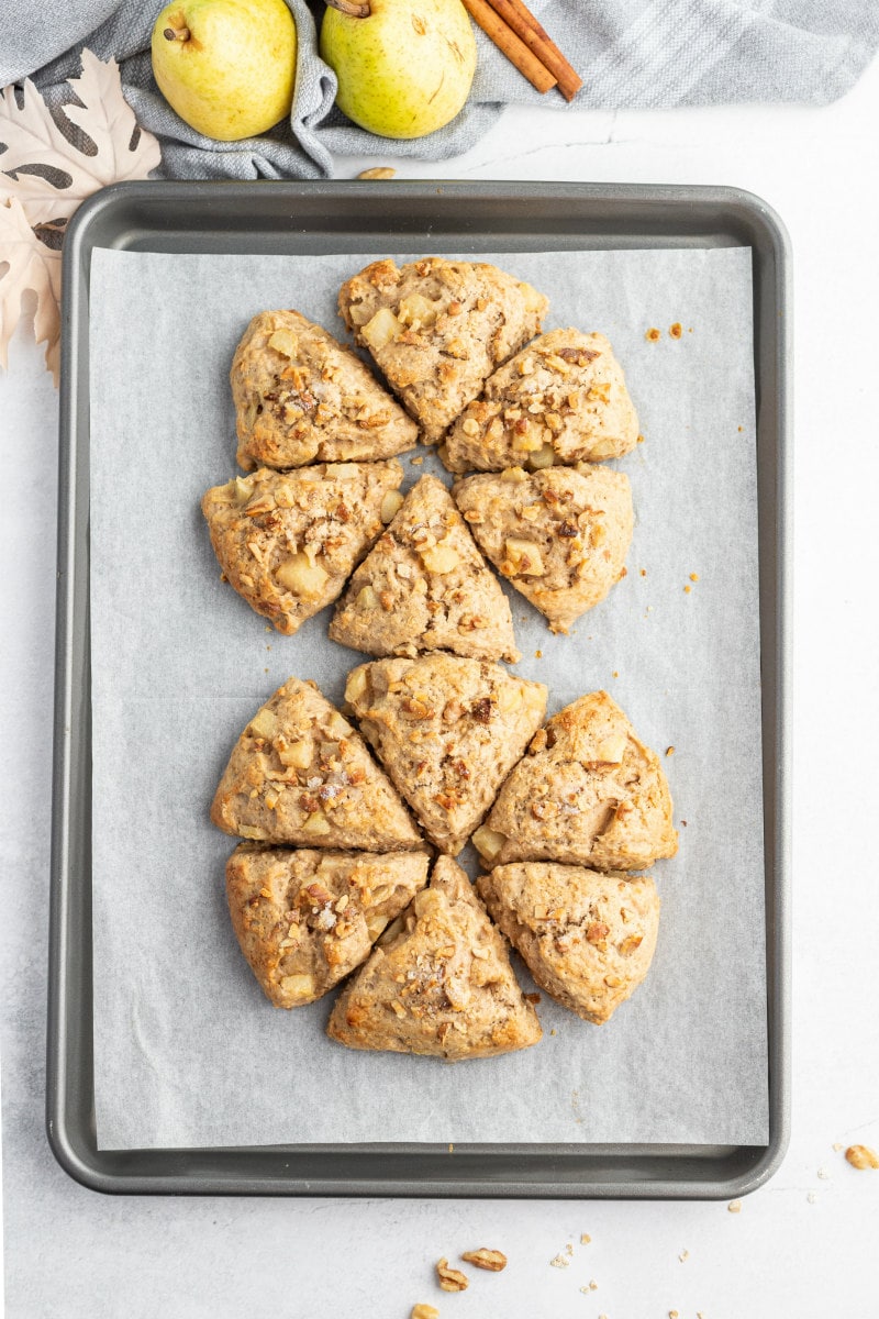 maple nut and pear scones on a baking sheet