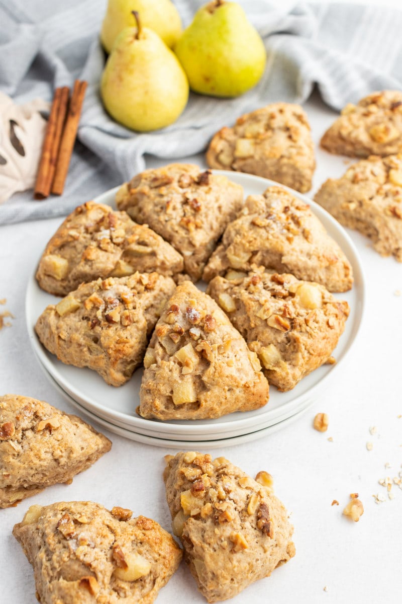 maple nut and pear scones on white plate