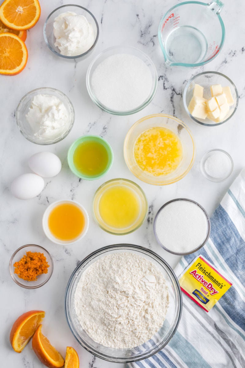 ingredients displayed for making orange sticky buns
