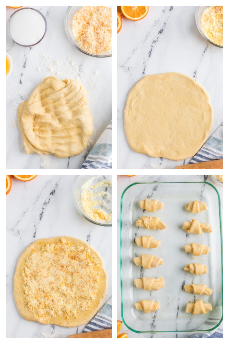 four photos showing how to prepare the dough for making orange sticky buns