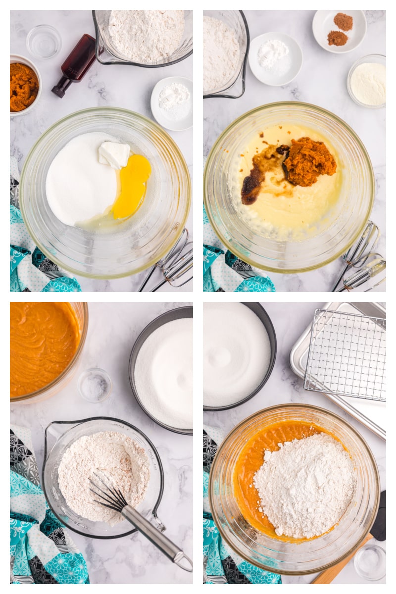 four photos showing how to make pumpkin doughnut drops