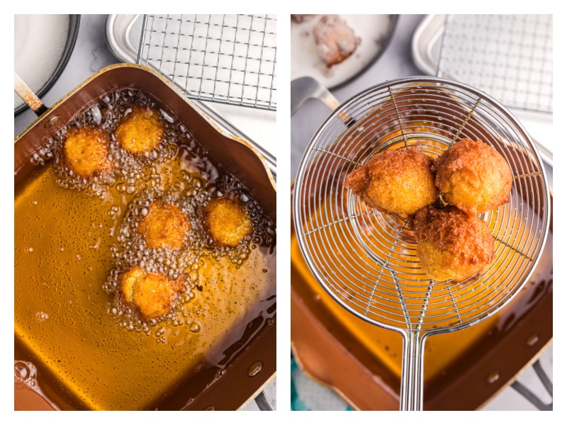 pumpkin doughnut drops frying and then being taken out