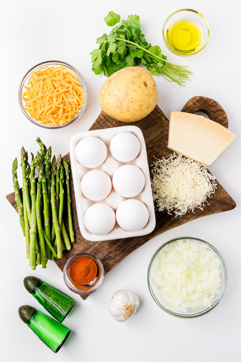 ingredients displayed for making spring vegetable and potato frittata
