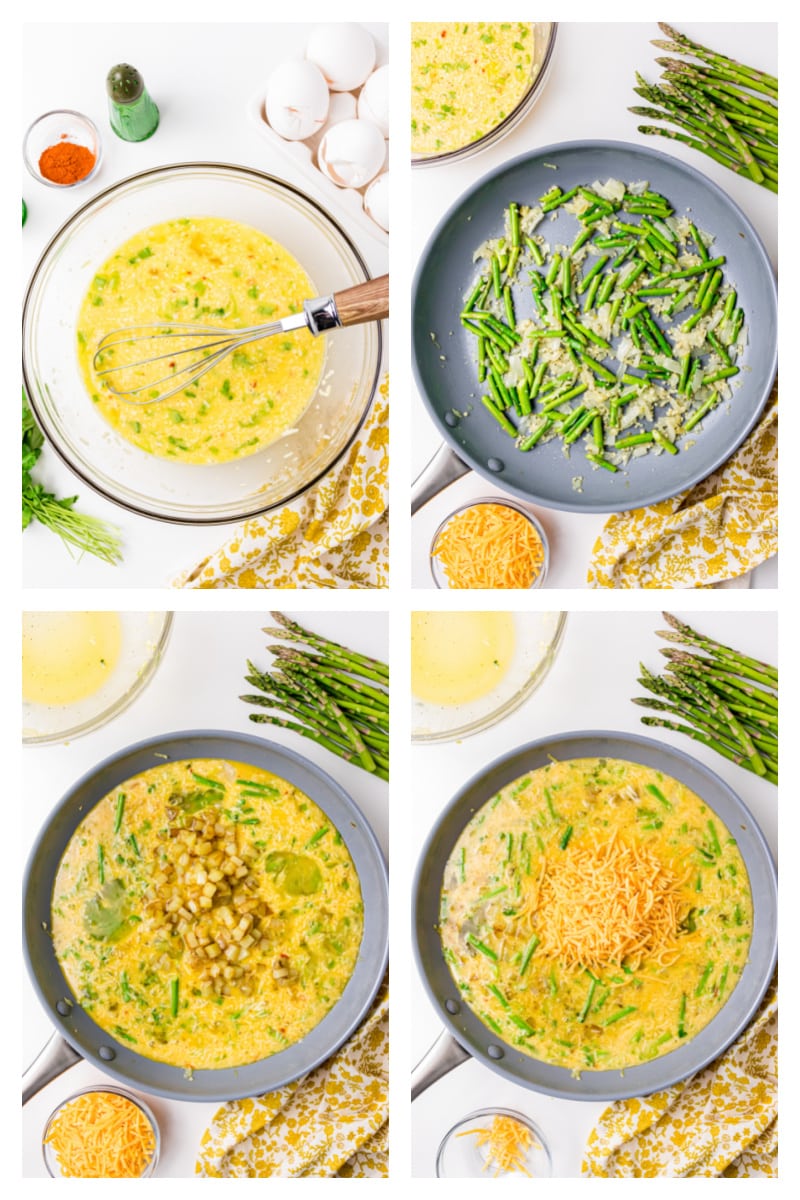 four photos showing how to make a vegetable frittata