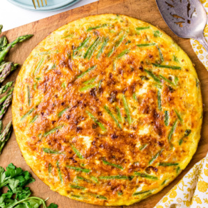 pinterest image for spring vegetable and potato frittata