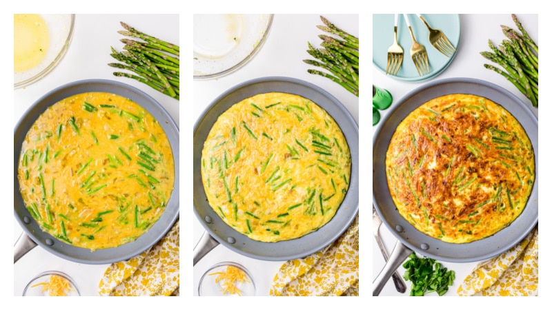 three photos showing how to make a frittata in a skillet