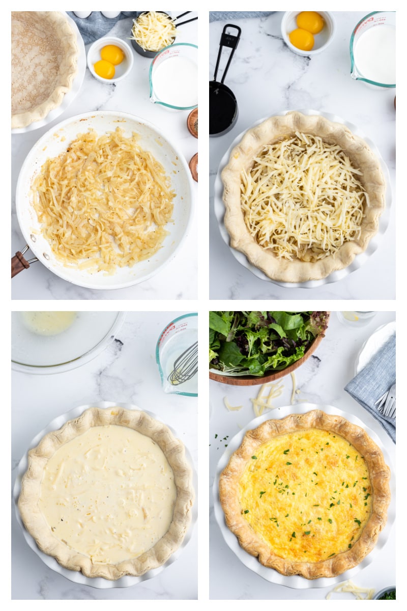 four photos showing assembly of making swiss onion quiche and then baked photo at end