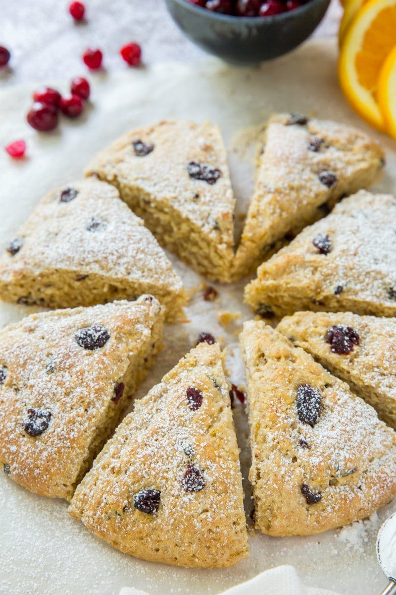 Whole Wheat Cranberry Scones dusted with powdered sugar