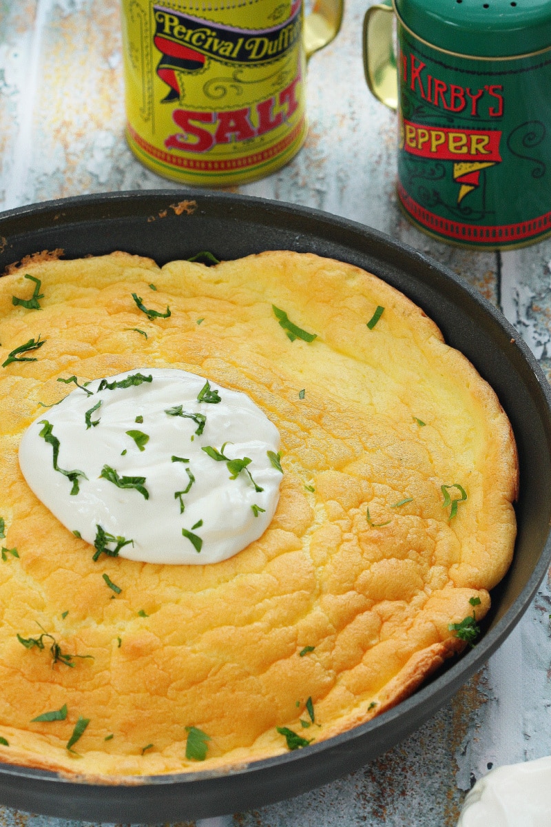 sour cream and ham omelette in a skillet