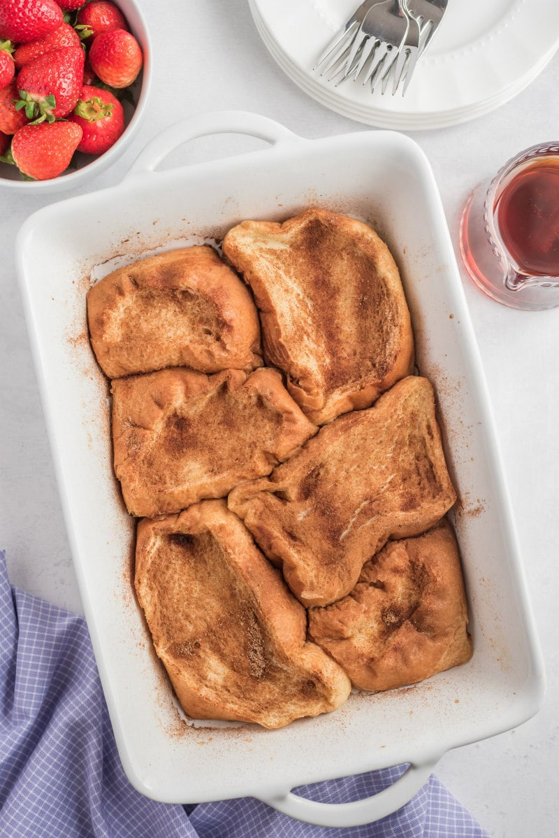 french custard toast in white baking dish