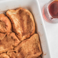 french custard toast in baking dish just out of oven