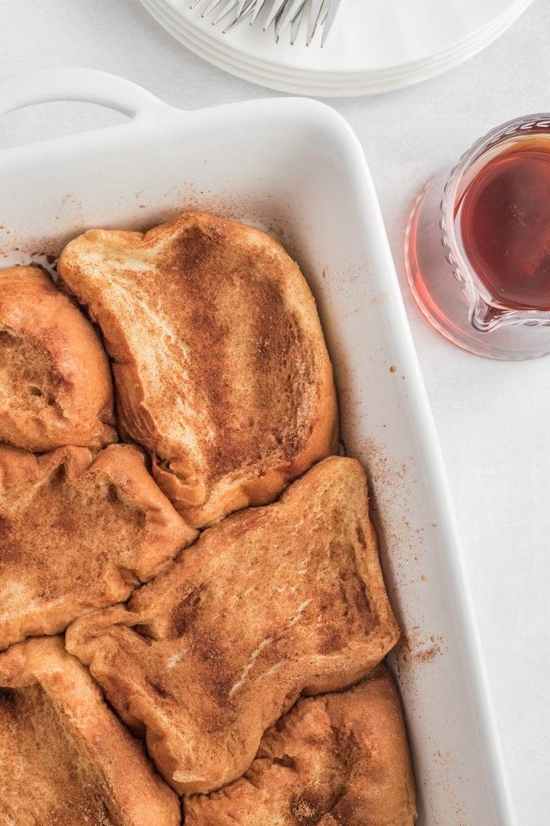 french custard toast in baking dish just out of oven