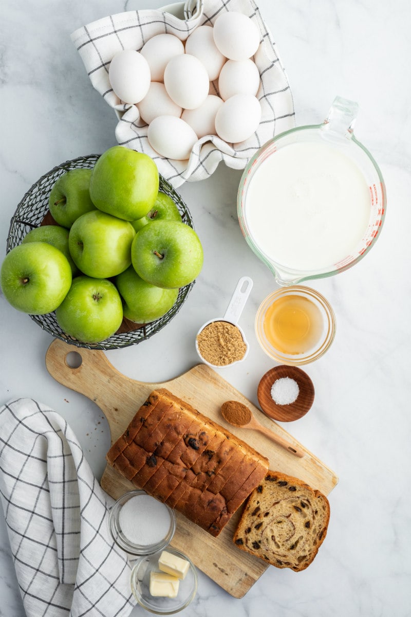 ingredients displayed for overnight apple stuffed french toast