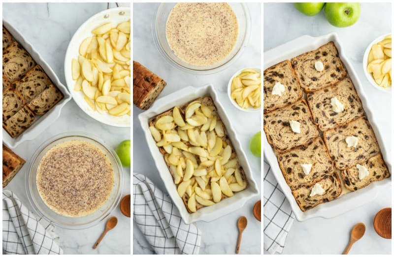 three photos showing process of making overnight apple stuffed french toast