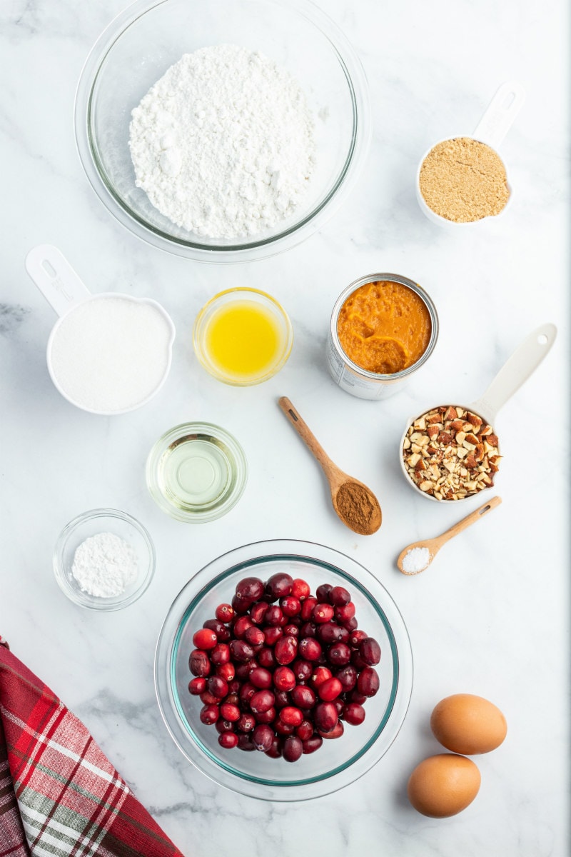 ingredients displayed for pumpkin cranberry upside down cake