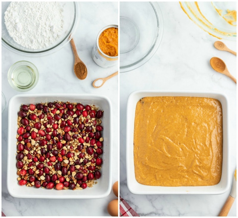 two pictures showing process of making cranberry pumpkin upside down cake- berries, then pumpkin batter on top