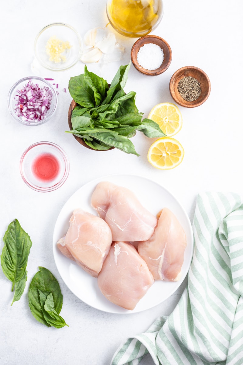 ingredients displayed for making grilled chicken with basil chimichurri