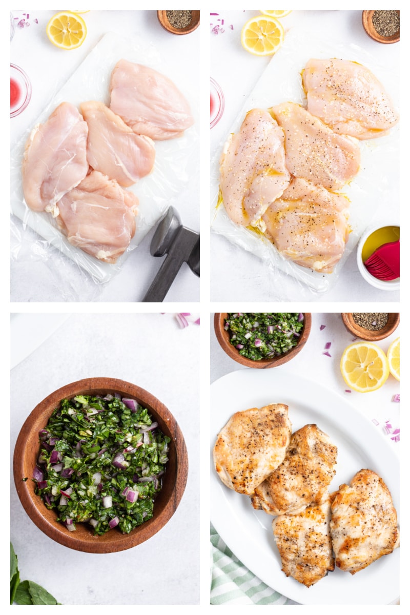 four photos showing how to make grilled chicken with basil chimichurri