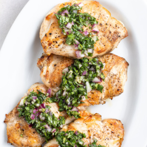 pinterest image for grilled chicken with basil chimichurri