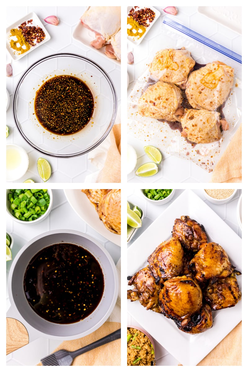 four photos showing how to marinate and cook asian barbecue chicken
