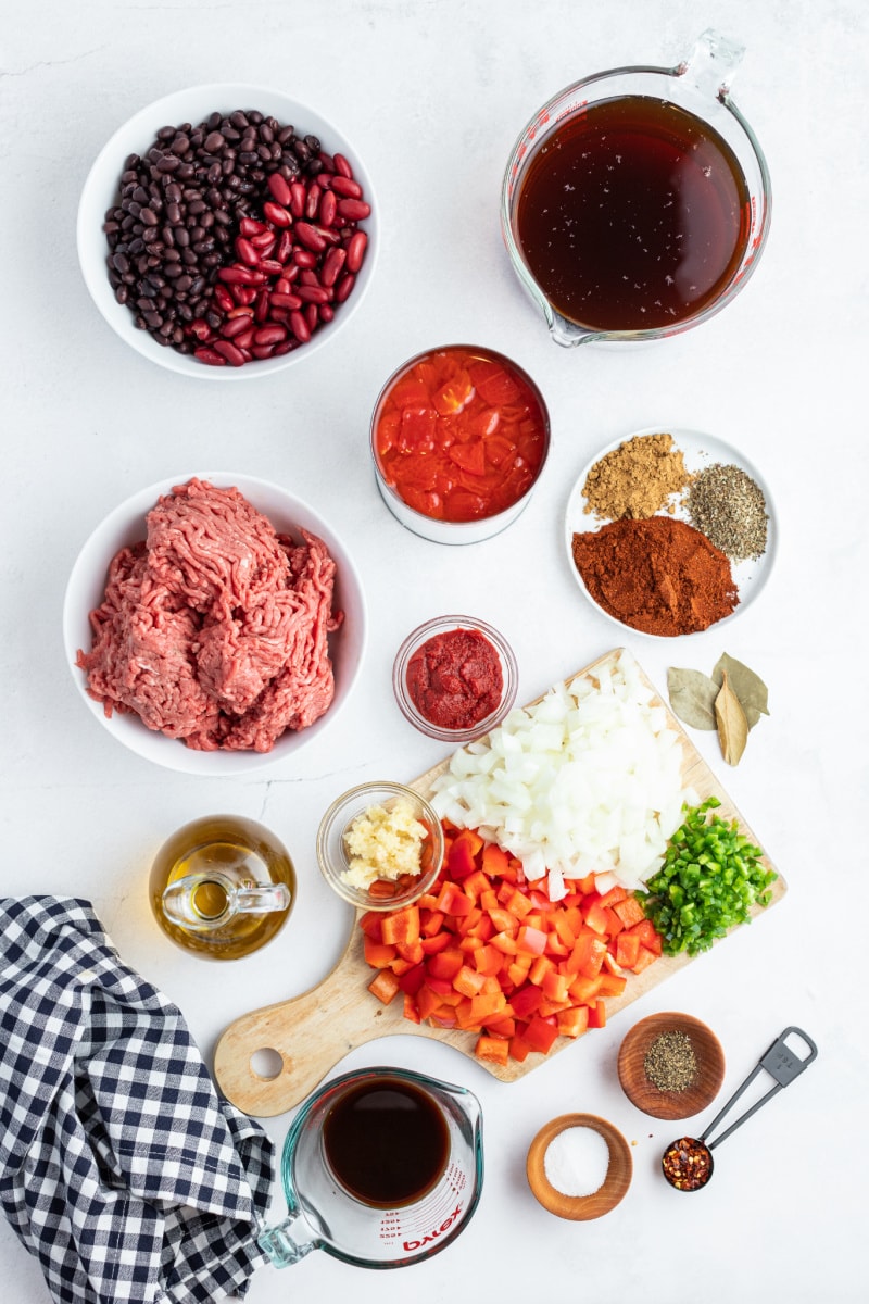 Beef and Bean Chili recipe from RecipeGirl.com ingredients displayed for beef and bean chili