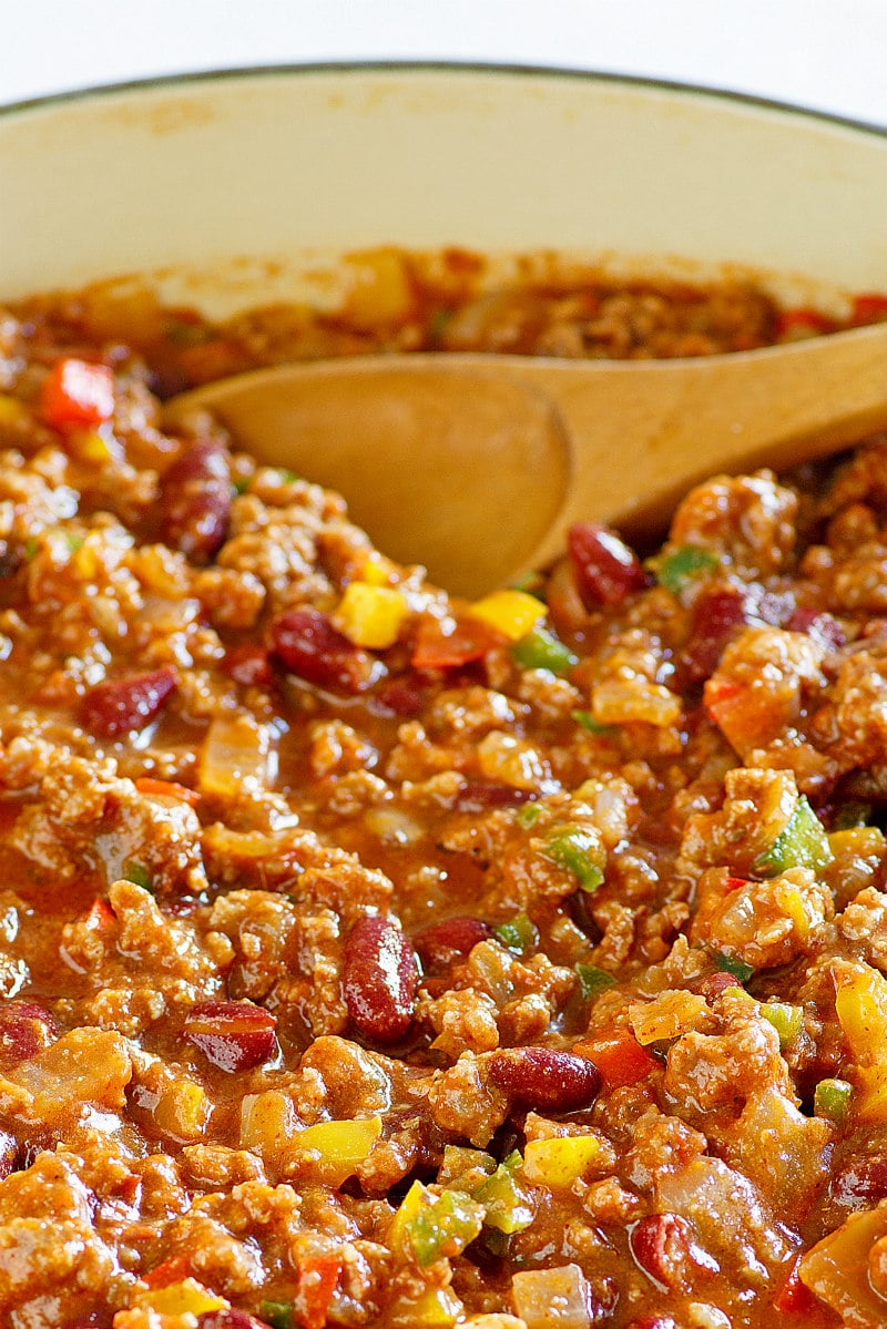 Beef and Dark Beer Chili recipe from RecipeGirl.com #beef #dark #beer #darkbeer #chili #recipe #RecipeGirl #super #bowl #superbowl #party pot of Beef and Dark Beer Chili