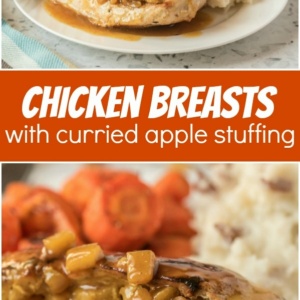 pinterest collage image for chicken breasts with curried apple stuffing