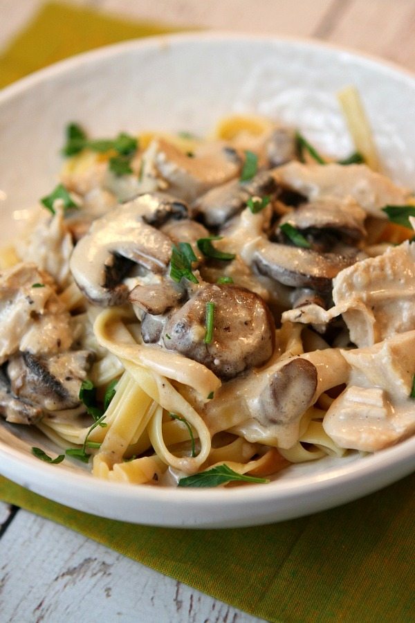 Chicken Mushroom Fettuccine recipe from RecipeGirl.com #chicken #mushroom #fettuccine #pasta #cream #sauce #recipe #RecipeGirl bowl of Chicken and Mushroom Fettuccine