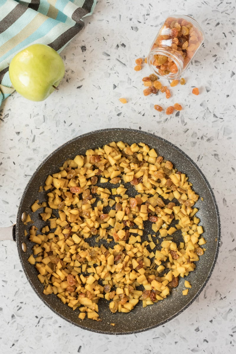 curried apple stuffing in a skillet