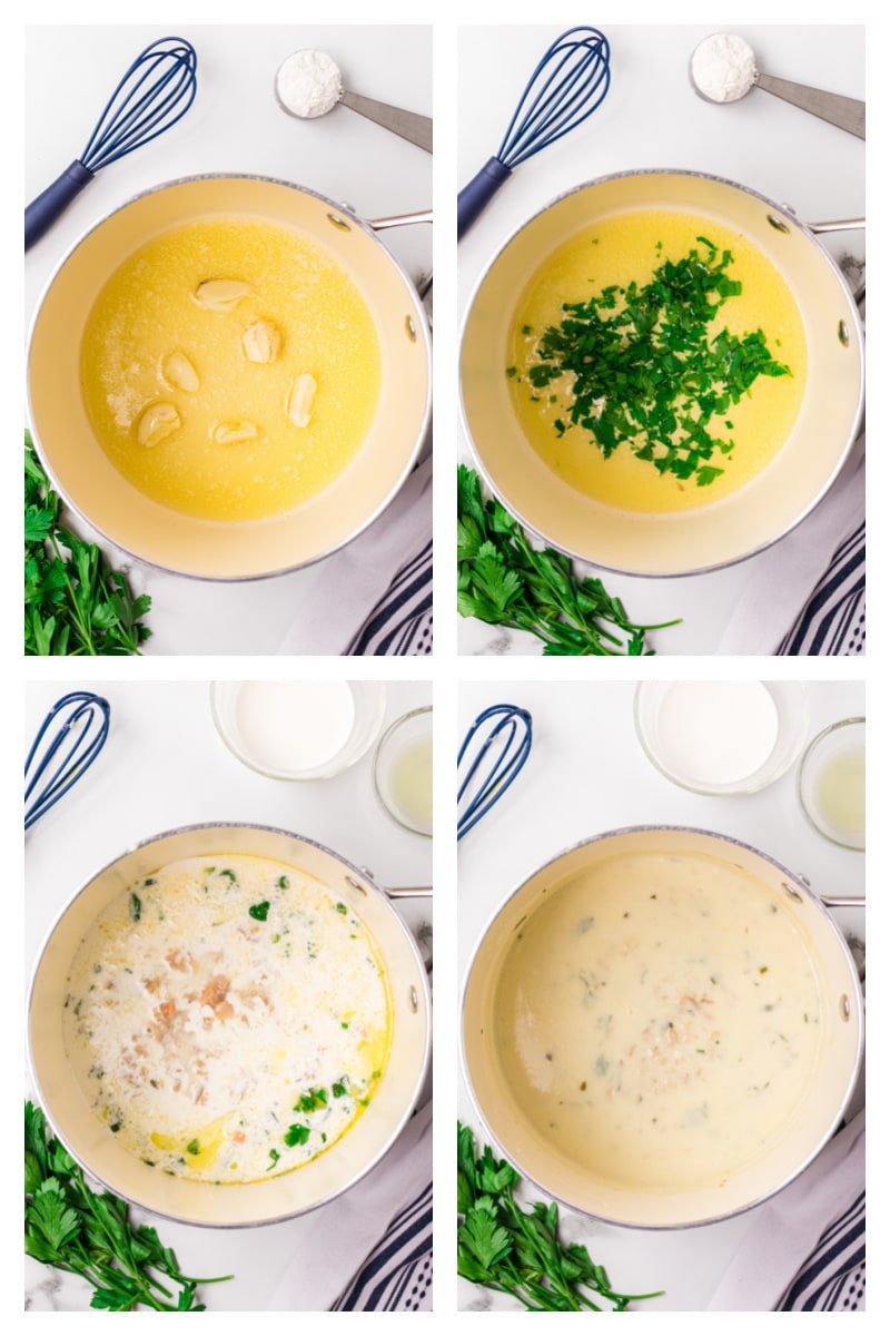 four photos showing how to make clam sauce in a pan