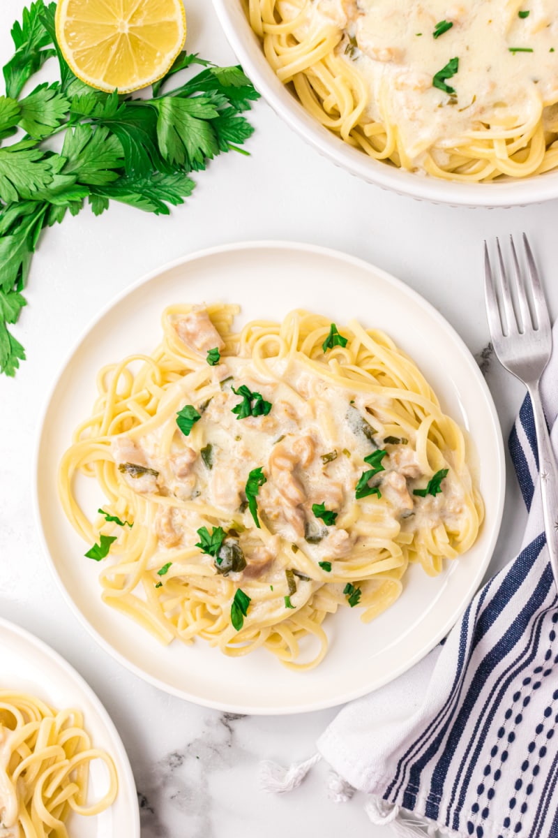 serving of clam linguine on a plate