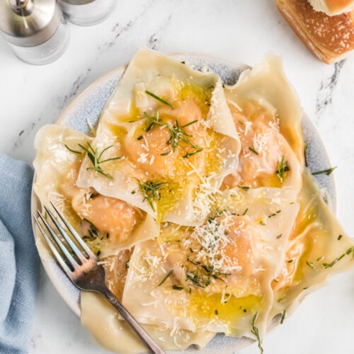 easy butternut squash ravioli on plate with fork