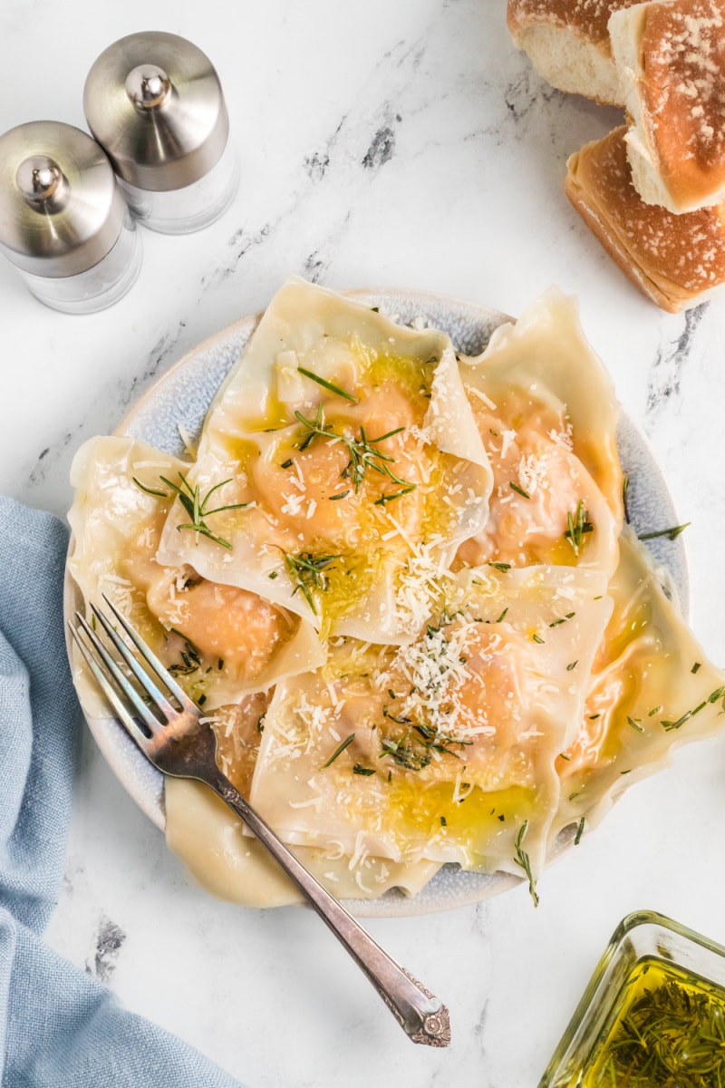 easy butternut squash ravioli on plate with fork