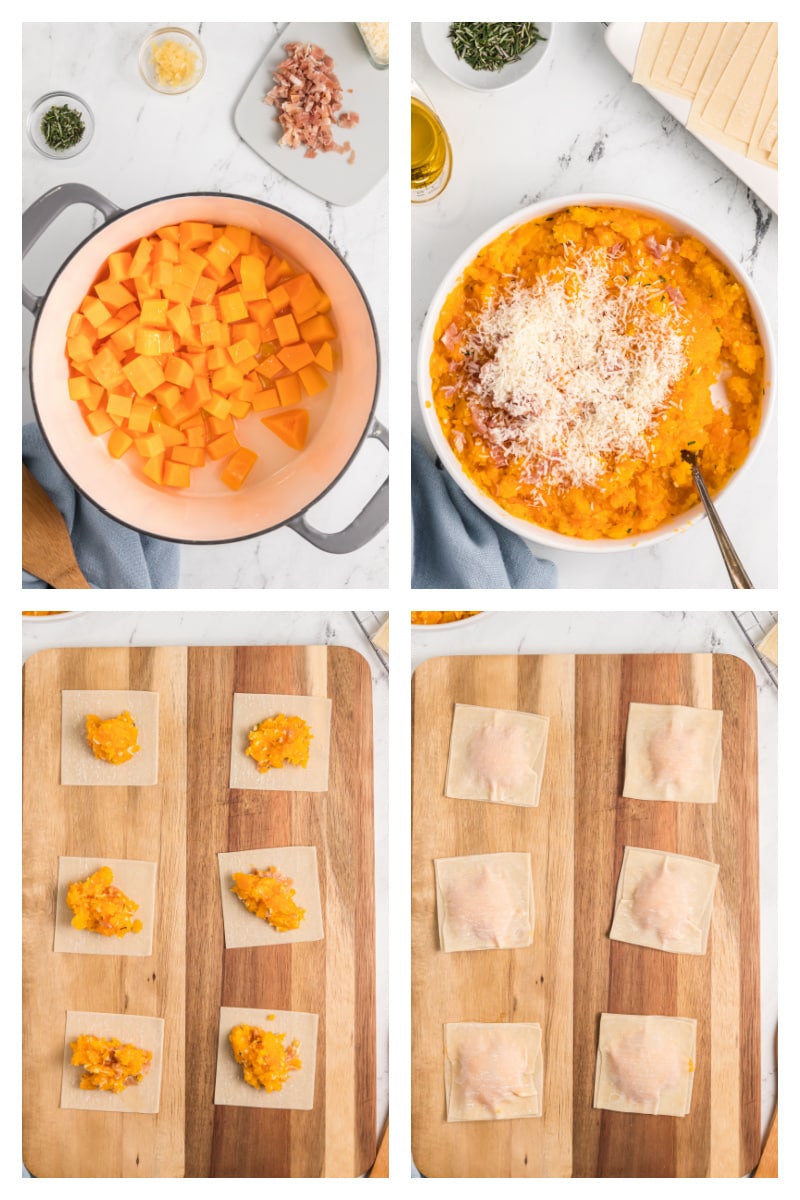 four photos showing prep of butternut squash and then making ravioli out of it