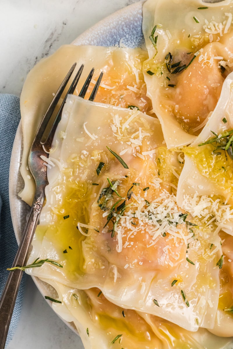 butternut squash ravioli with fork