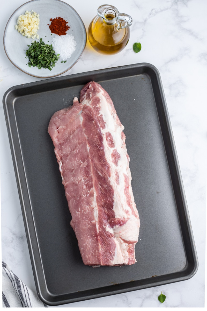 ingredients displayed for making garlic and oregano pork ribs