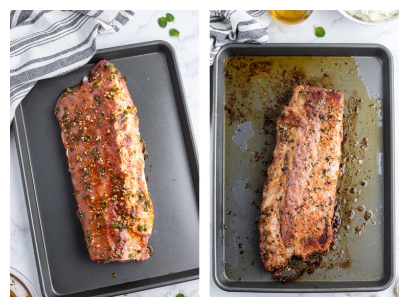 garlic and oregano pork ribs on baking sheet and then already baked