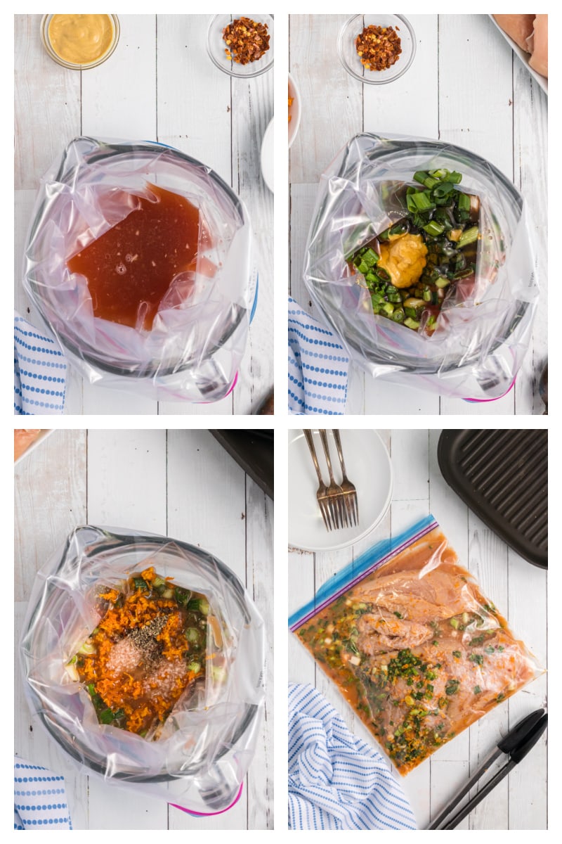 four photos showing how to make citrus garlic marinade and then chicken marinating in bag