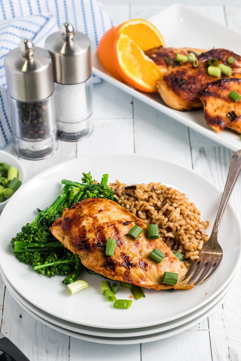 grilled chicken on a plate with veggies and rice