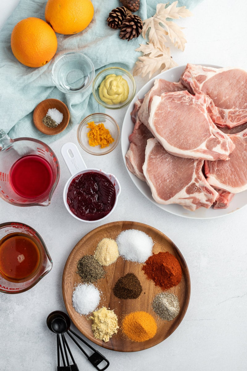 ingredients displayed for pork chops with maple cranberry glaze