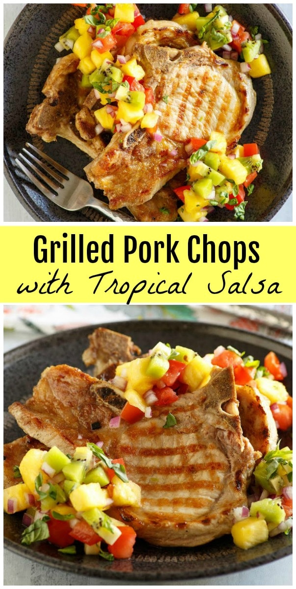pinterest collage image for grilled pork chops with tropical salsa
