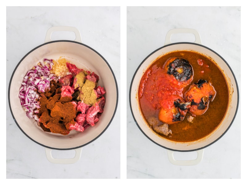 two photos showing making chili in pot