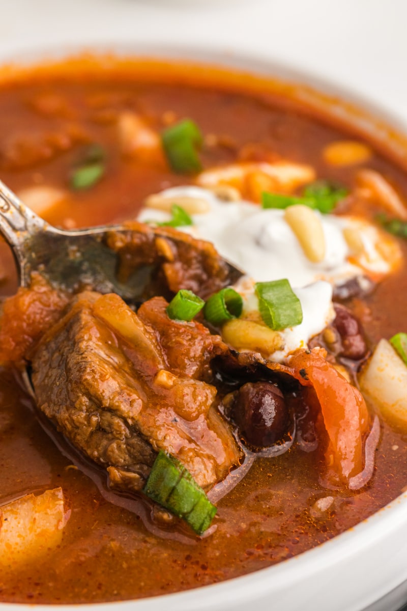 close up lamb and black bean chili