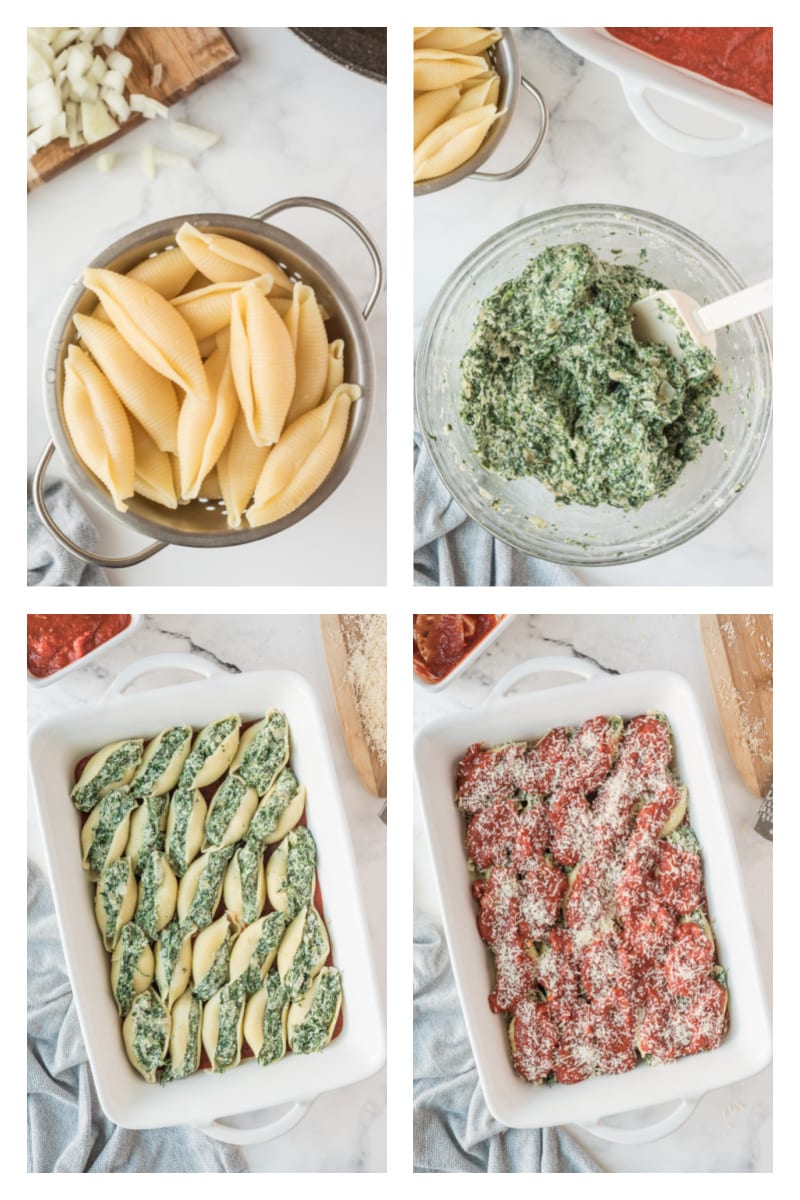 four photos showing how to stuff pasta shells