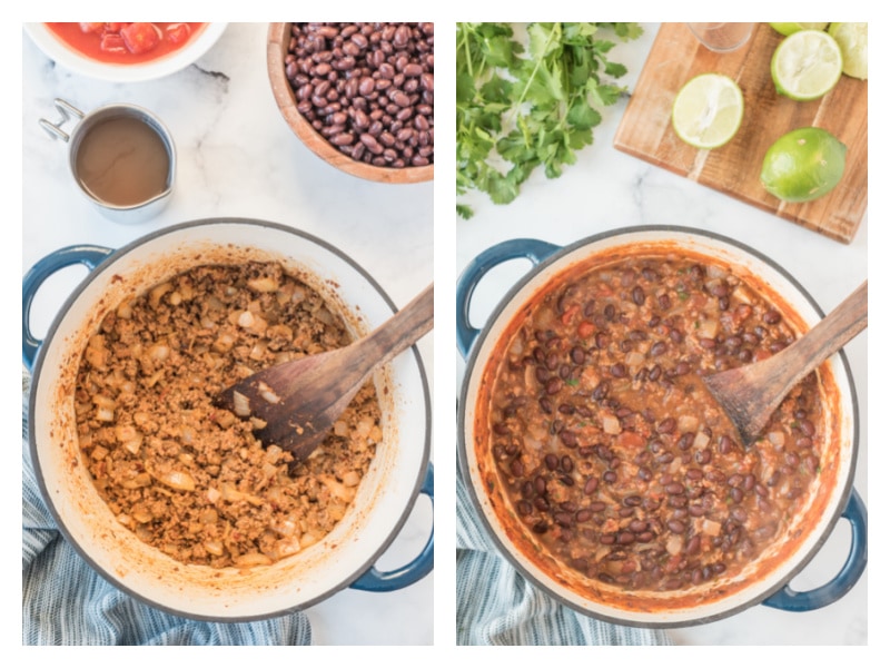 two photos pot of cooked sausage and then pot of chili