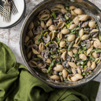 pasta shells with mushrooms and boursin in pan