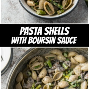 pinterest collage image for pasta shells with boursin sauce