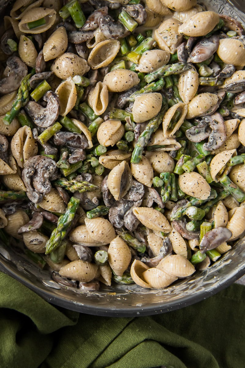 pan of pasta shells with portobello mushrooms and boursin sauce